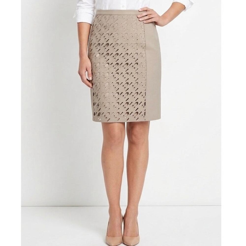 Carlisle Taupe Tan Geometric Laser Cutout Overlay Pencil Skirt Career Size 4